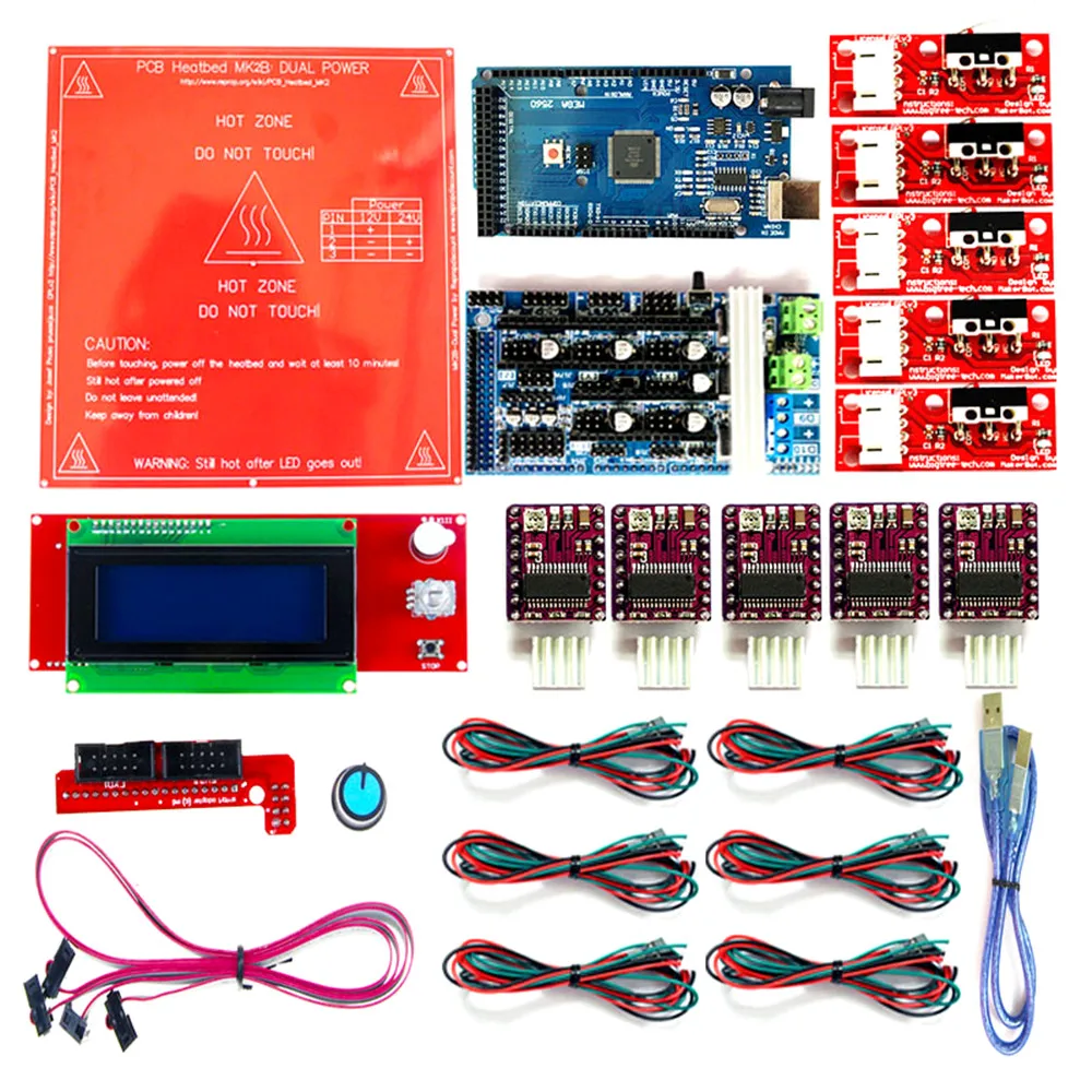 Комплект Reprap Ramps 1,6 с Mega 2560 r3+ Heatbed MK2B+ 2004 ЖК-контроллер+ DRV8825+ механический переключатель+ кабели для 3D-принтера