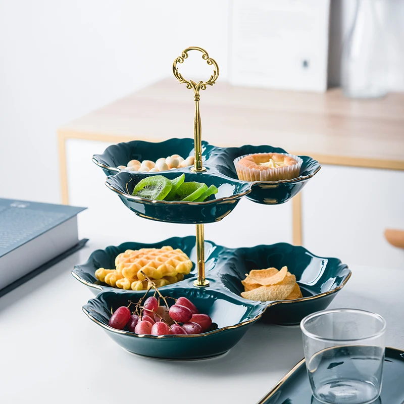 

European ceramic double-layer fruit plate snack plate home living room snacks candy dried fruit plate creative cake rack tray