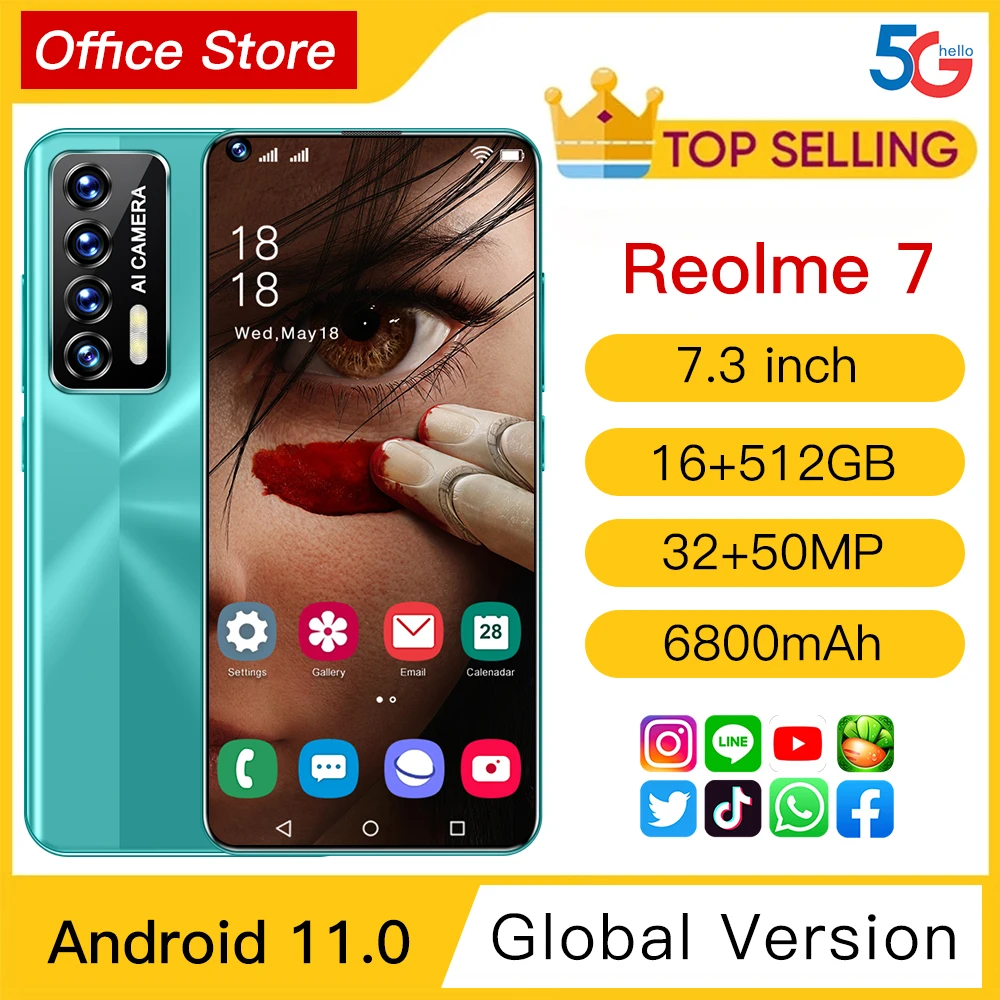 

Cellphone 7.3" Reolme7 Global Version Dual SIM 50MP Camera 6800mAh battery Qualcomm 888 10 Core Face,Fingerprint ID Smartphone