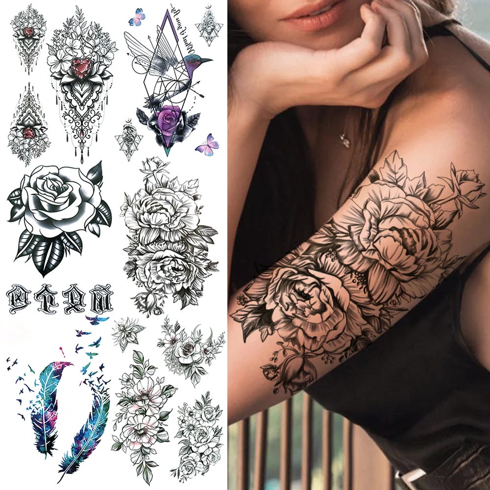 

Realistic Dahlia Flower Fake Tattoo Sticker For Women Girls Lotus Hummingbird Tatoo Rose Feather Temporary Tattoos Back Arm Feet