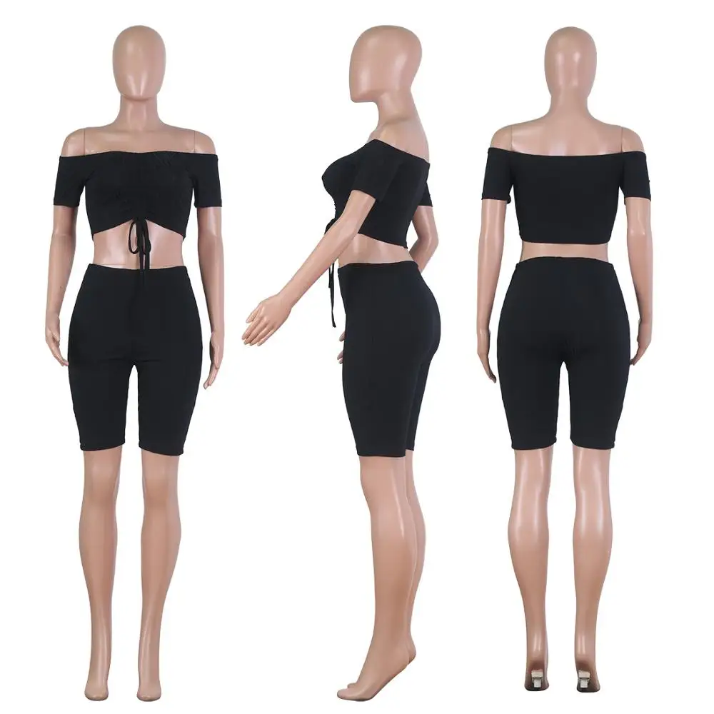 

2020 new style women 2 piece short outfits knit short sleeve deep v neck crop top and bodycon shorts fitness matching set