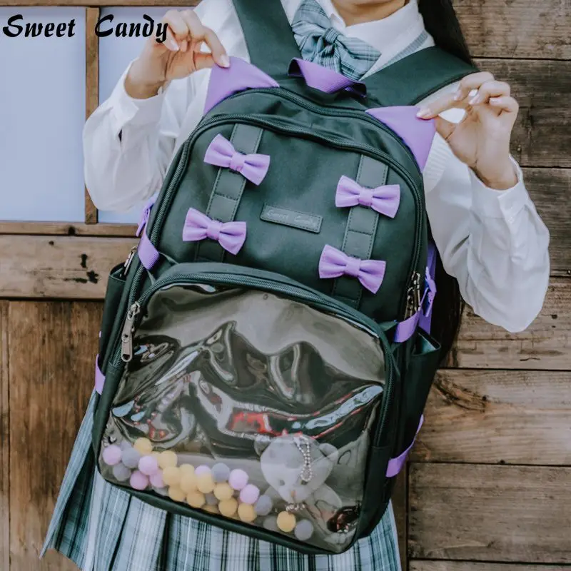 

Милые кошачьи ушки в стиле аниме, рюкзак для учеников с бантом, прозрачный ежедневный рюкзак в стиле сладкой Лолиты, винтаг, 20 см, рюкзак для ...