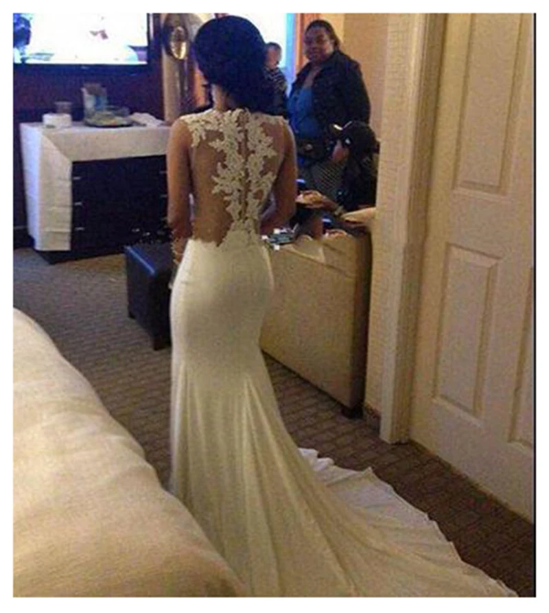 bridesmaid dresses Boho Wedding dress 2021 Appliques Lace Mermaid Wedding Gown with Train White / Ivory Backless Beach Bride Dresses lace wedding dress