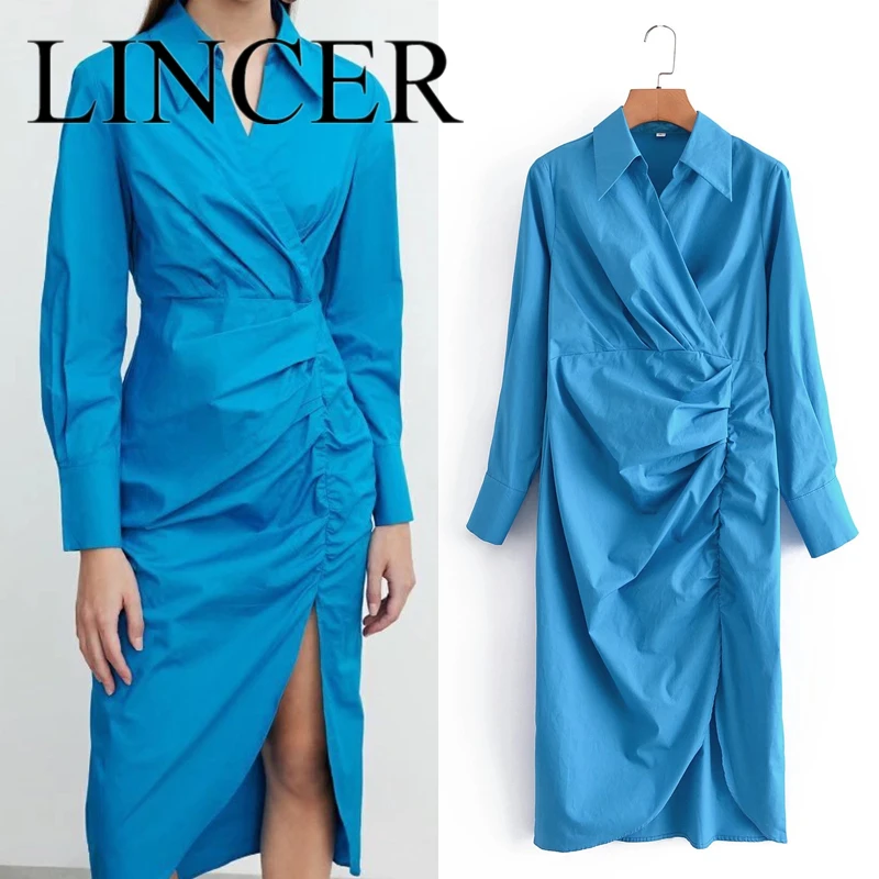 

Женское платье с длинным рукавом, голубое платье с разрезом, отложным воротником и рюшами, лето 2022