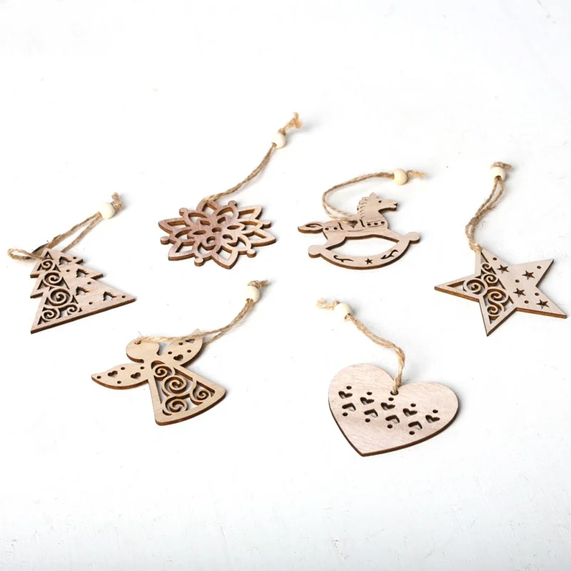 6Pcs/Set Wooden Christmas Decorative Pendants Hanging Ornaments With Hanging Rope Heart, Snowflake, Star, Angel, Tree, Horse