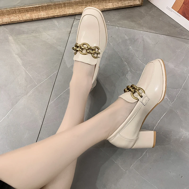 

Casual Woman Shoe Loafers With Fur Oxfords Female Footwear British Style Soft Square Toe Autumn Slip-on Summer New On Heels Leat