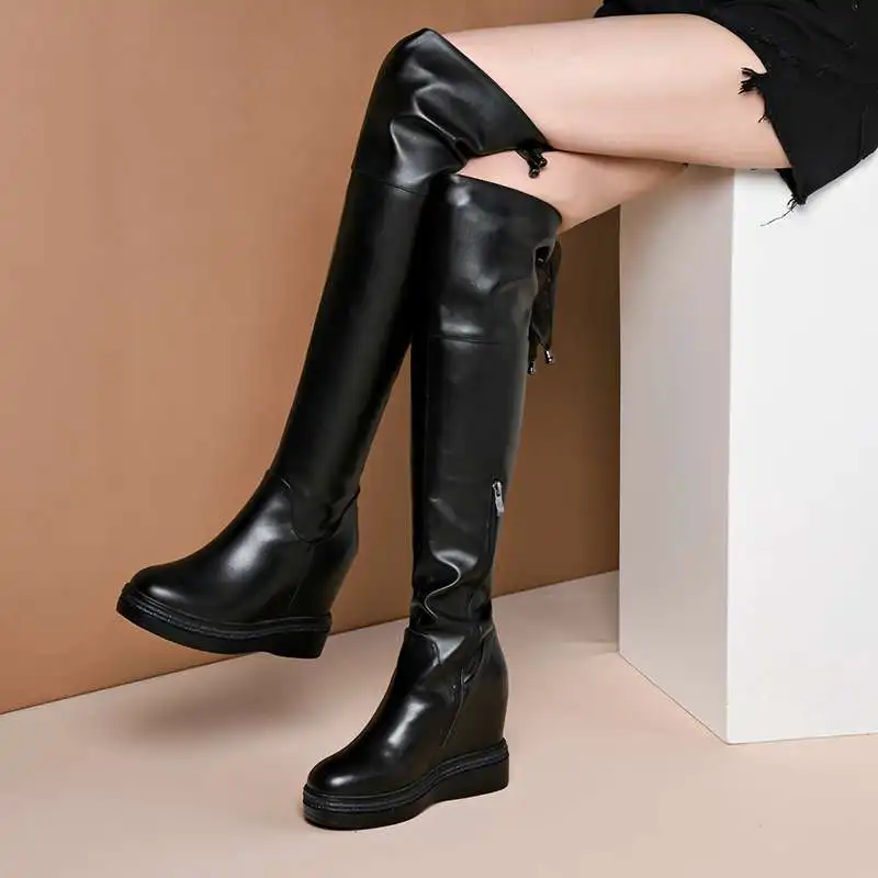 

Lenkisen soft cow leather high heels round toe lace up thick bottom height lncreasing winter warm women thigh high boots L02