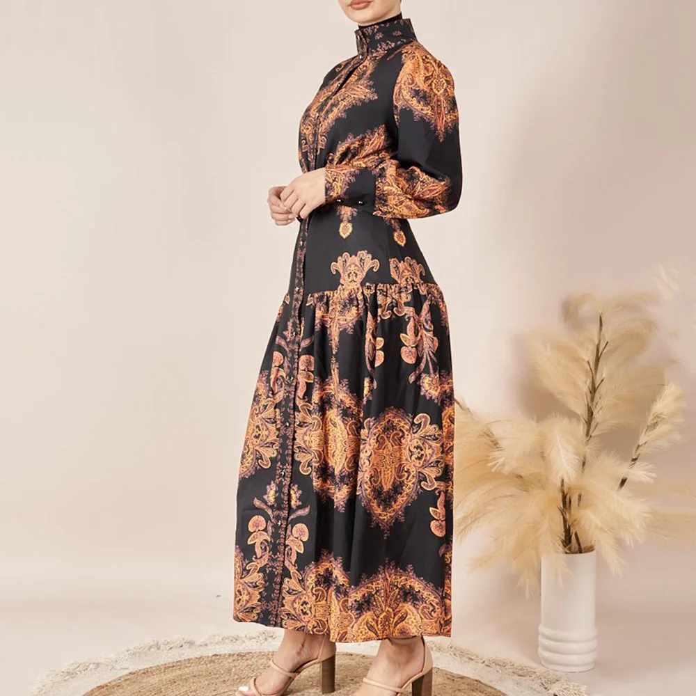 

Western Style Oversize Fashion Retro Printing Temperament Women's Dress Simple Designer High Waist Stand-up Collar Long Sleeve