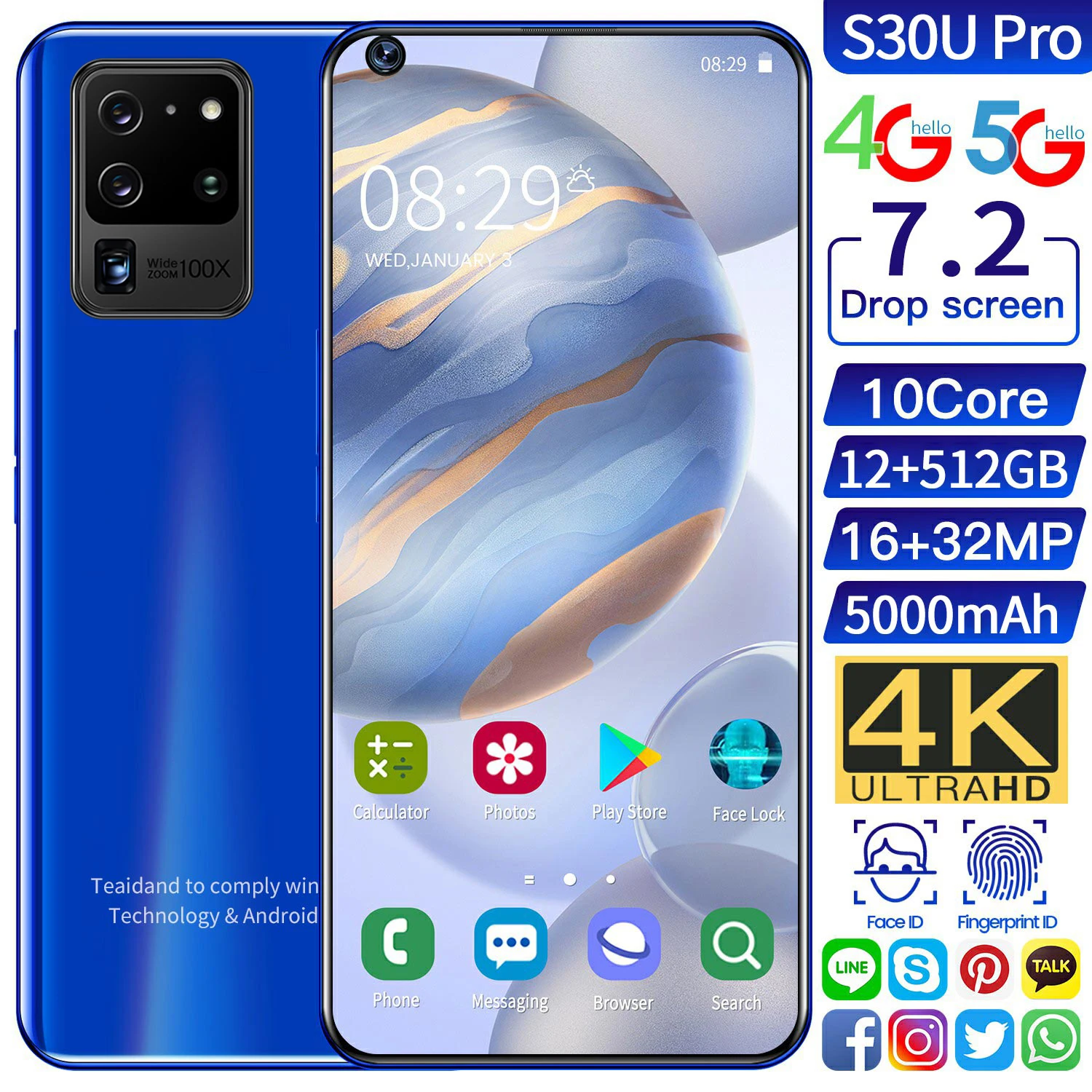 

New 12+512GB Large Memory Galaxy S30U 7.2-inch Dual Card Face Access MTK6799 Original Factory 5G Android 10.0 Core Smartphone