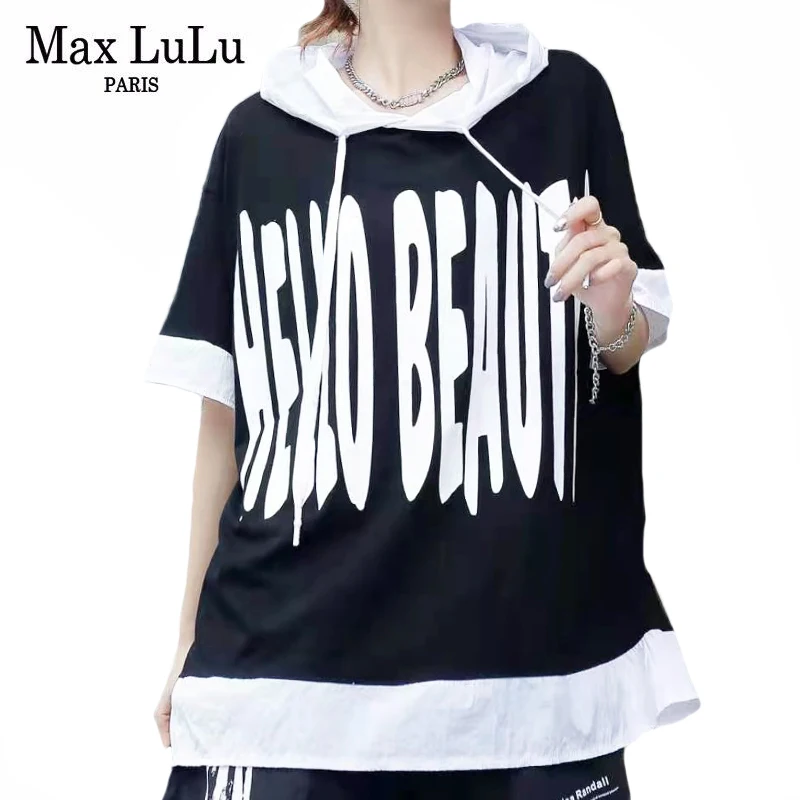 

Max LuLu British Street New Style 2021 Women Casual Hooded T-shirts Ladies Black Fitness Tees Female Drawstring Clothes Big Size