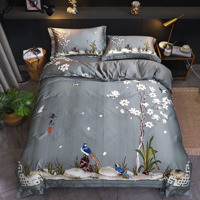 

New Chinoiserie Chic Floral Bird Printing Bedding Set 600TC Egyptian Cotton Duvet Cover Set Flat or Fitted Bed Sheet Pillowcases