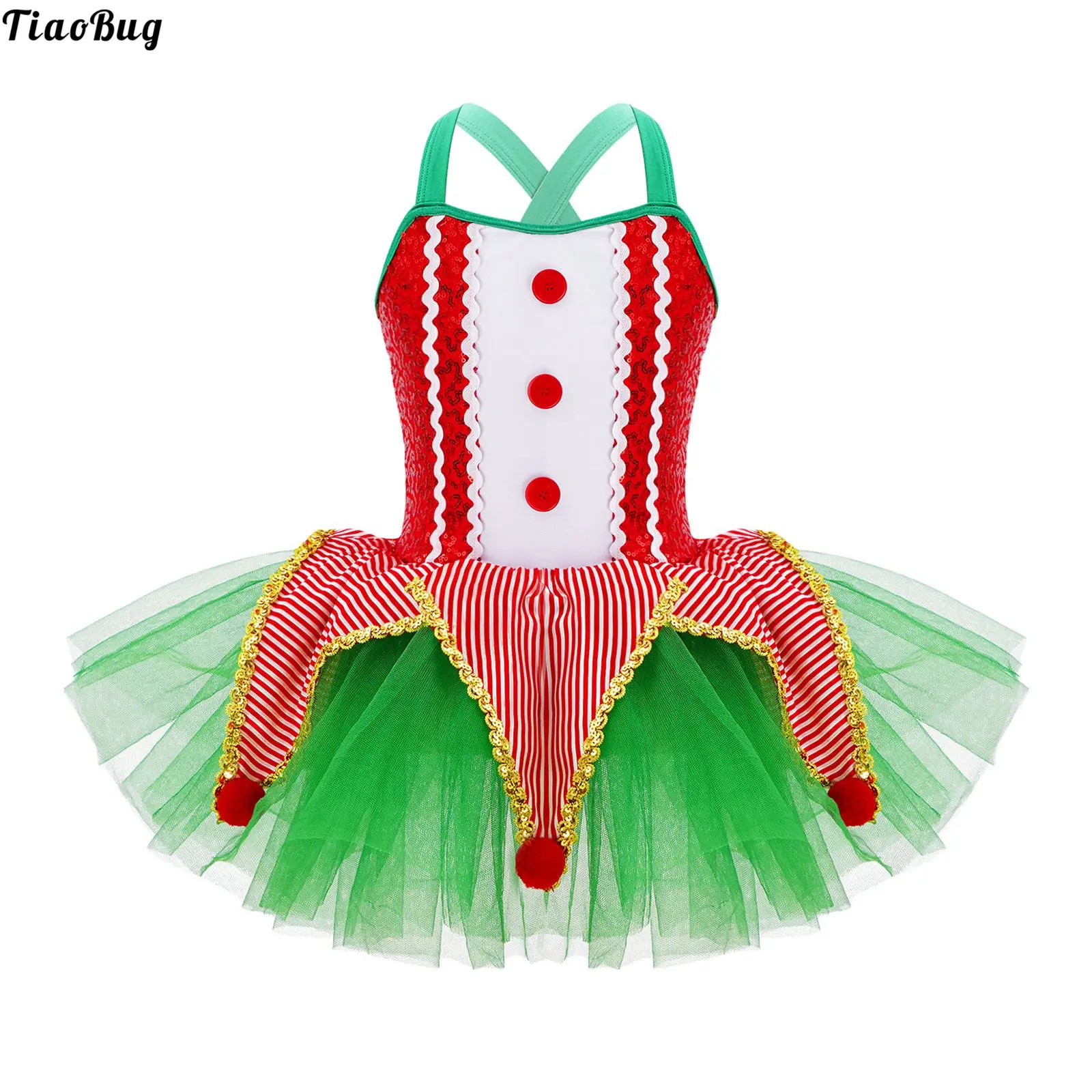 

Kids Girls Sleeveless Crisscross Back Button Front Sequins Plush Balls Decor Ruffle Tutu Mesh Dress For Dance Performance Party