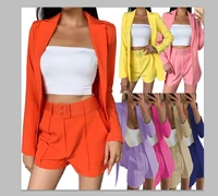 hot sale 2021 new women sets summer long sleeve cardigan blazer shorts solid 2 two piece set lady casual short suits