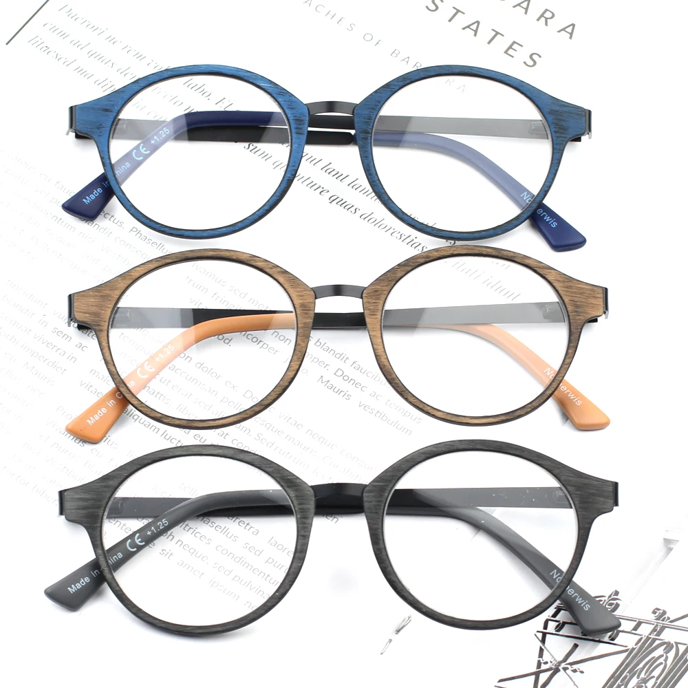 

Turezing Reading Glasses Spring Hinge Wood Grain Round Frame Metal Mirror Legs HD Prescription Eyeglasses Reader Men and Women