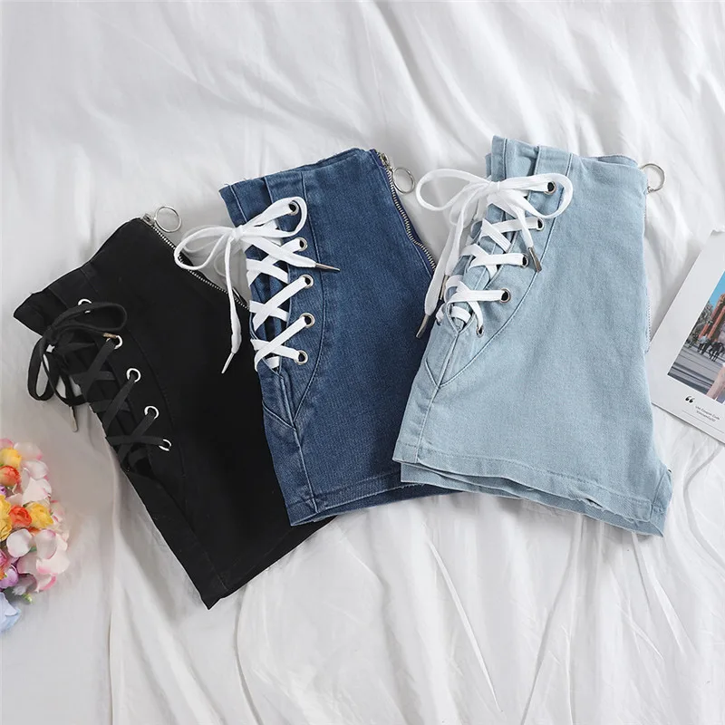 

Tie High Waist Denim Shorts Spring Summer Women Jeans Shorts Female Casual Black Shorts Student All Match Loose Hot Shorts Blue