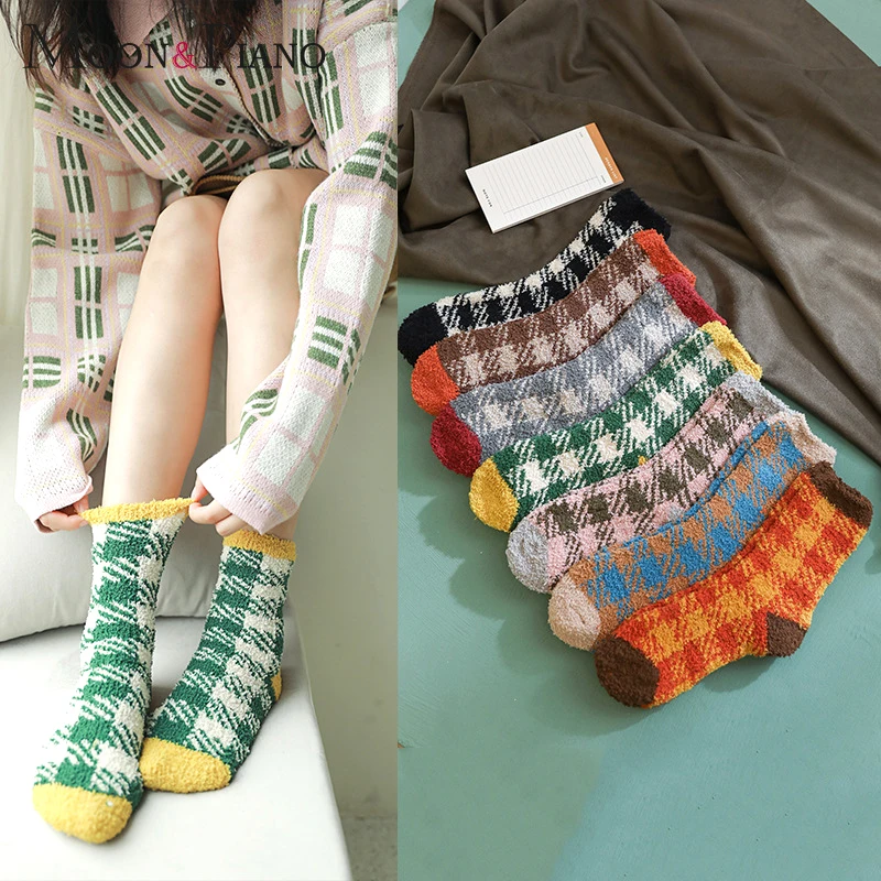 Новый стиль коралловый флис клетчатые женские носки осень и зима домашние теплые