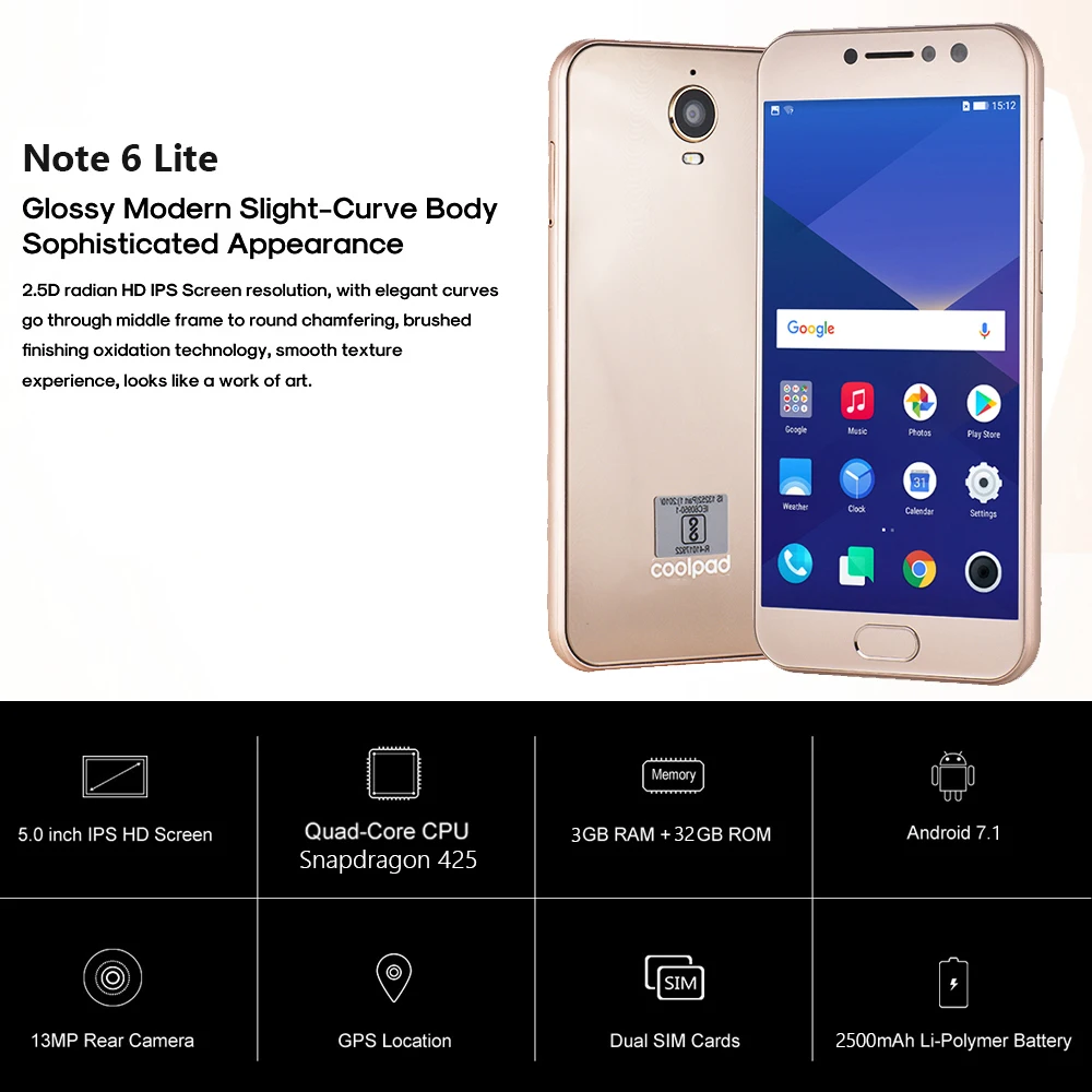 Coolpad примечание 6 Lite 4G, мобильный телефон с функцией 5-дюймовый HD Дисплей Android 7,1 3 Гб оперативной памяти, Оперативная память+ 32 ГБ Встроенная память 13MP 8MP 2500mAh смартфон с отпечатками пальцев