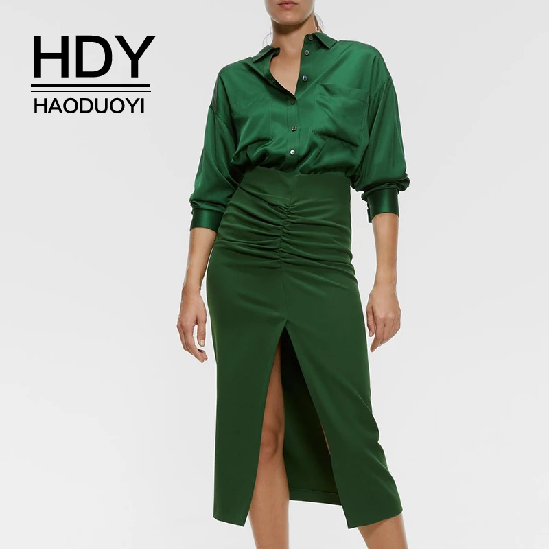 HDY Haoduoyi 2020 Новая модная свободная тонкая размера плюс темно зеленая Однотонная