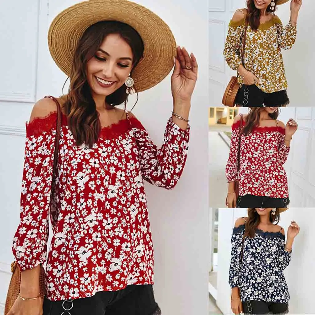 Женские топы и блузки Повседневная Свободная рубашка без бретелек с цветочным