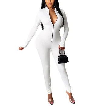Women Solid Jumpsuit Zipper  Fitness Playsuit Sportswear V Neck Front Long Sleeve Fitness Rompers Playsuits 1