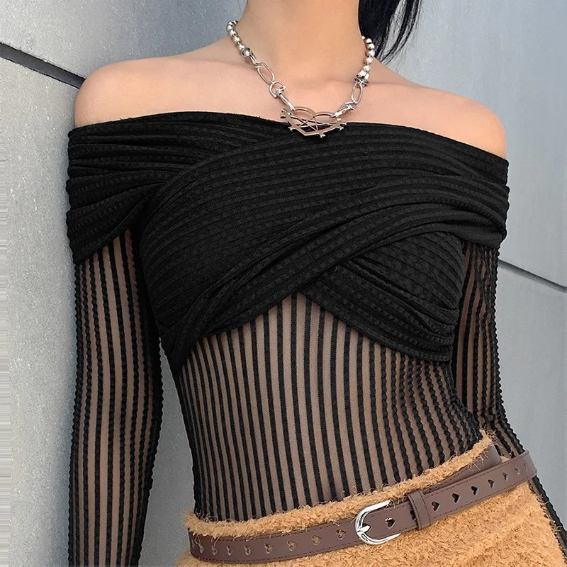 

Solid Bodysuits Women Mesh Transparent Spliced Slim Wrap Chest Skinny Bodycon Night Club Sexy Black Women's Bodysuit