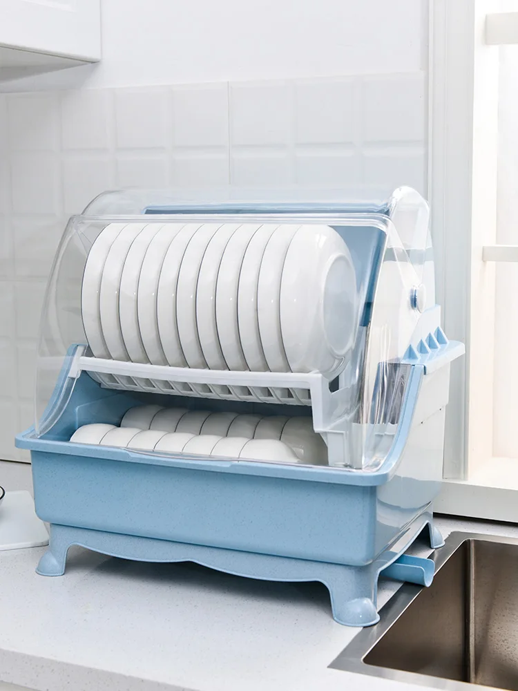 

2 Layers Table Plastic Dish Rack Kitchen Storage Holder Drainer Bowl Tableware Dish Drying Rack Home Cupboard Organizer with lid