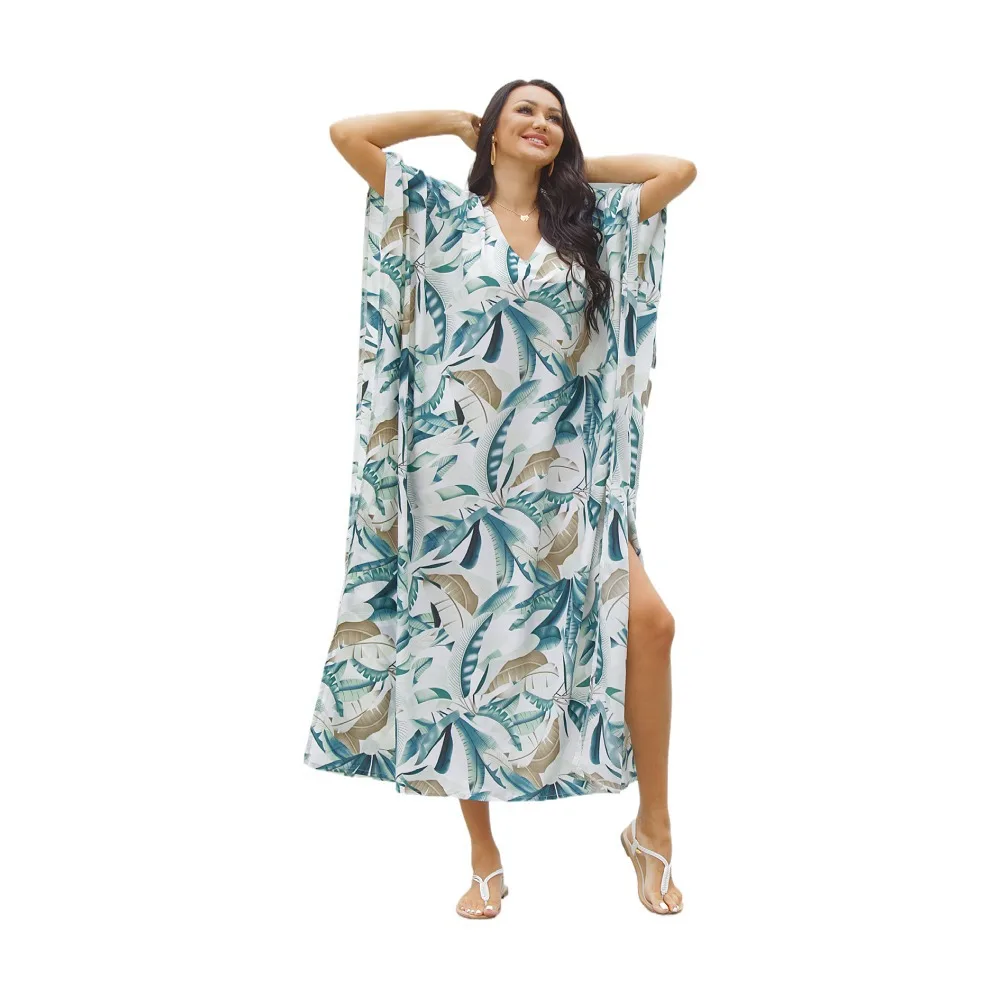 

VANOVICH European and American Leaf Printed Beach Holiday Long Beach Dress Loose Plus Size Dresses for Women