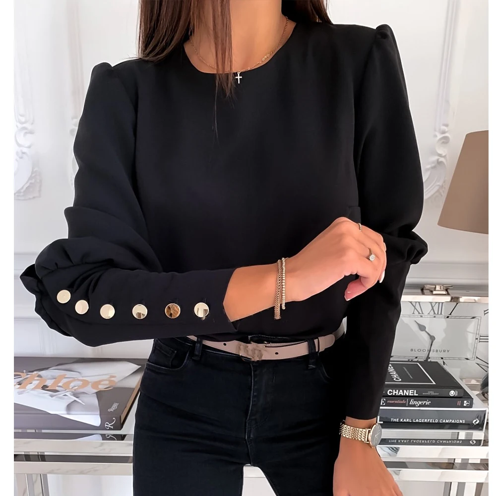 

Women's Ruffles Blouse And Shirts 2020 Spring Summer Loose Casual Plus Size Long Sleeve Metal Buttons Solid Office Blusa Top 3XL