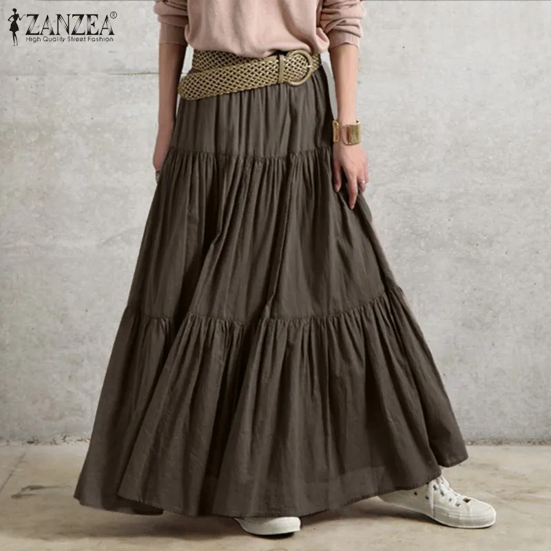 2022 ZANZEA Spring Solid Skirts Vintage Women's Ruffle Sundress Casual Elastic Waist Long Vestidos Female Robe Femme Oversized