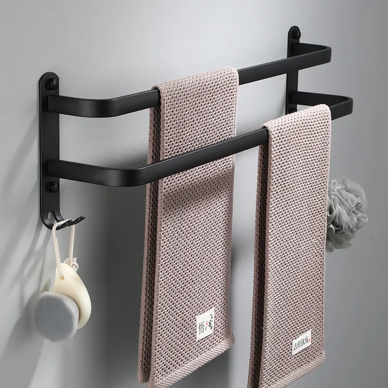 

Wall Mounted 30-50CM Black Towel Rack Holder Double Three Bar With Kitchenware Robe Hook Hanger Bathroom Accessories No Punching