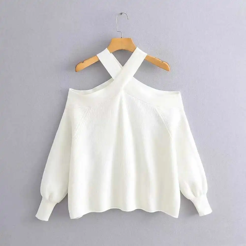 

Oversize women cross halter sweaters 2020 spring fashion ladies elegant knitted pullovers female knitwear soft girls chic tops