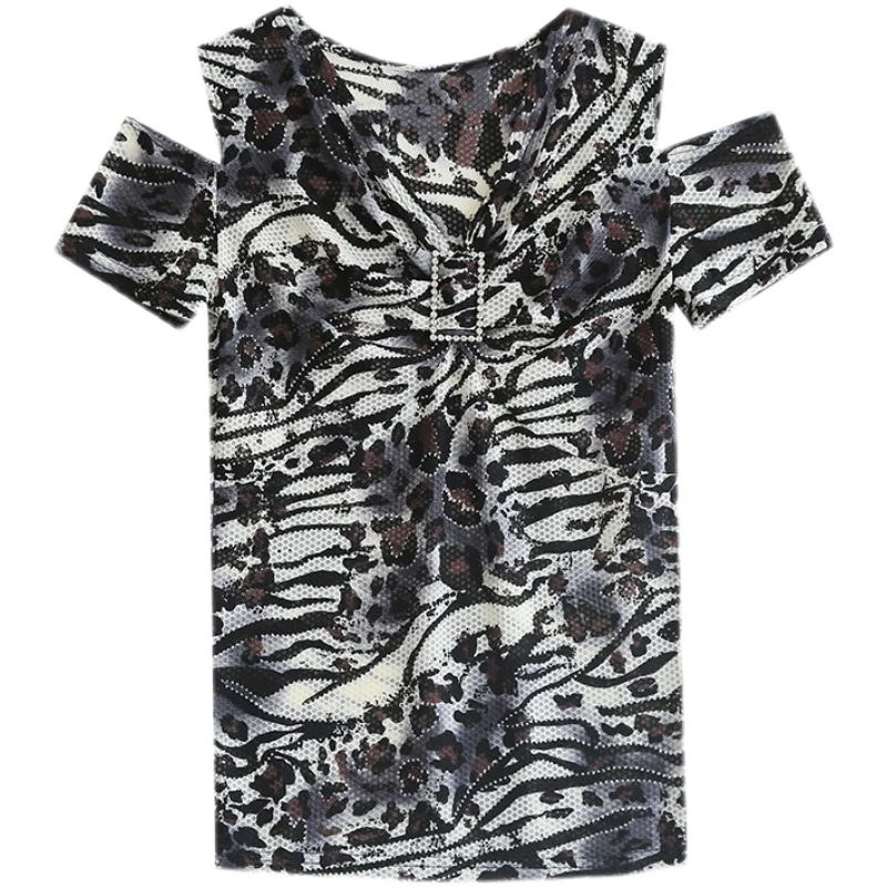 

Korean Style Summer Fashion V-neck Strapless Women's T-Shirt Elegant Slim Print Office Lady Shirt Plus Size Blusas