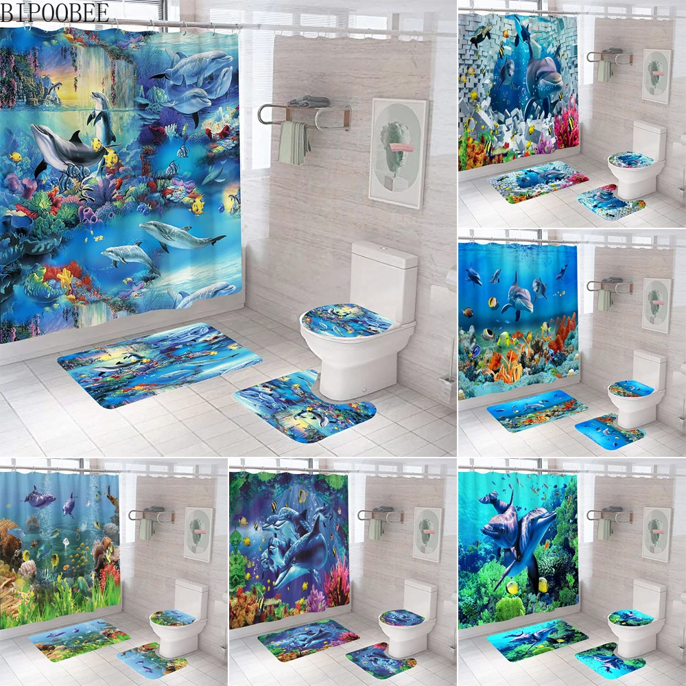 

Underwater World Scenery Bathroom Curtains Dolphin Fish Shower Curtain Marine Plants Ocean Non Slip Toilet Lid Cover Bath Mat