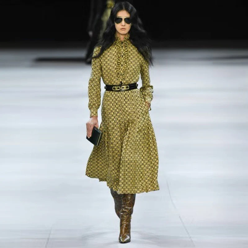 Женское винтажное платье миди дизайнерское элегантное с оборками на поясе