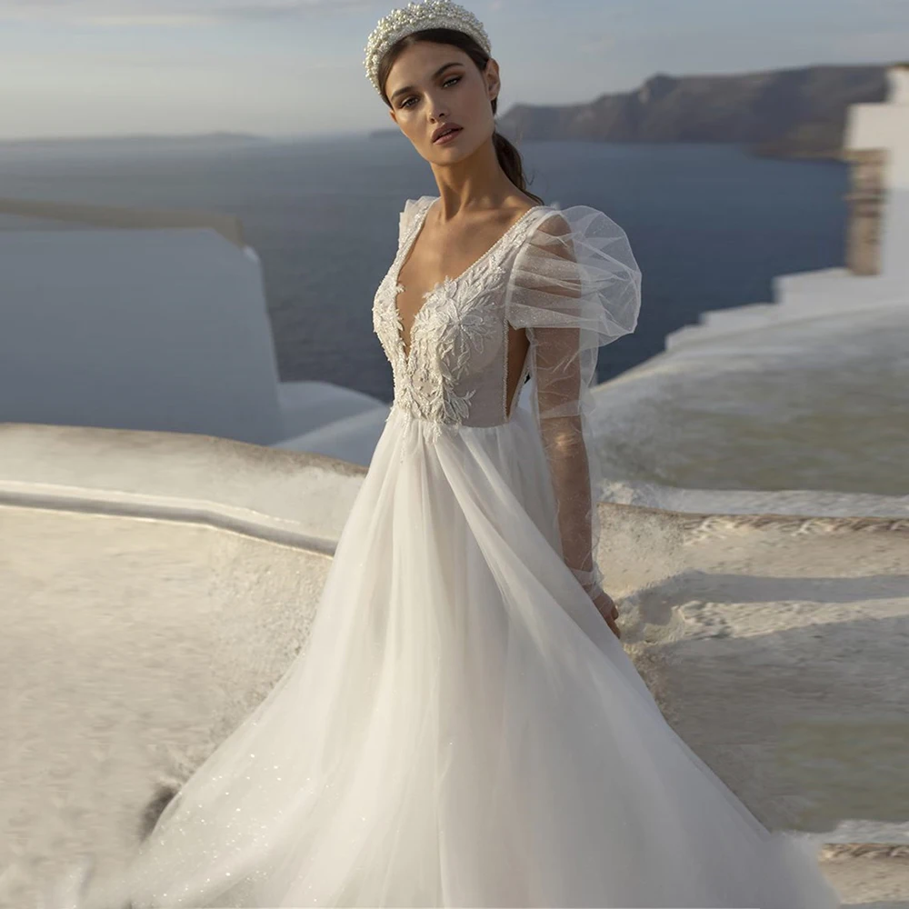 

Princess A-Line V-Neck Wedding Dress Long Puff Sleeves Appliques Backless Sweep Train Bridal Gowns 2021 Vestido De Noiva