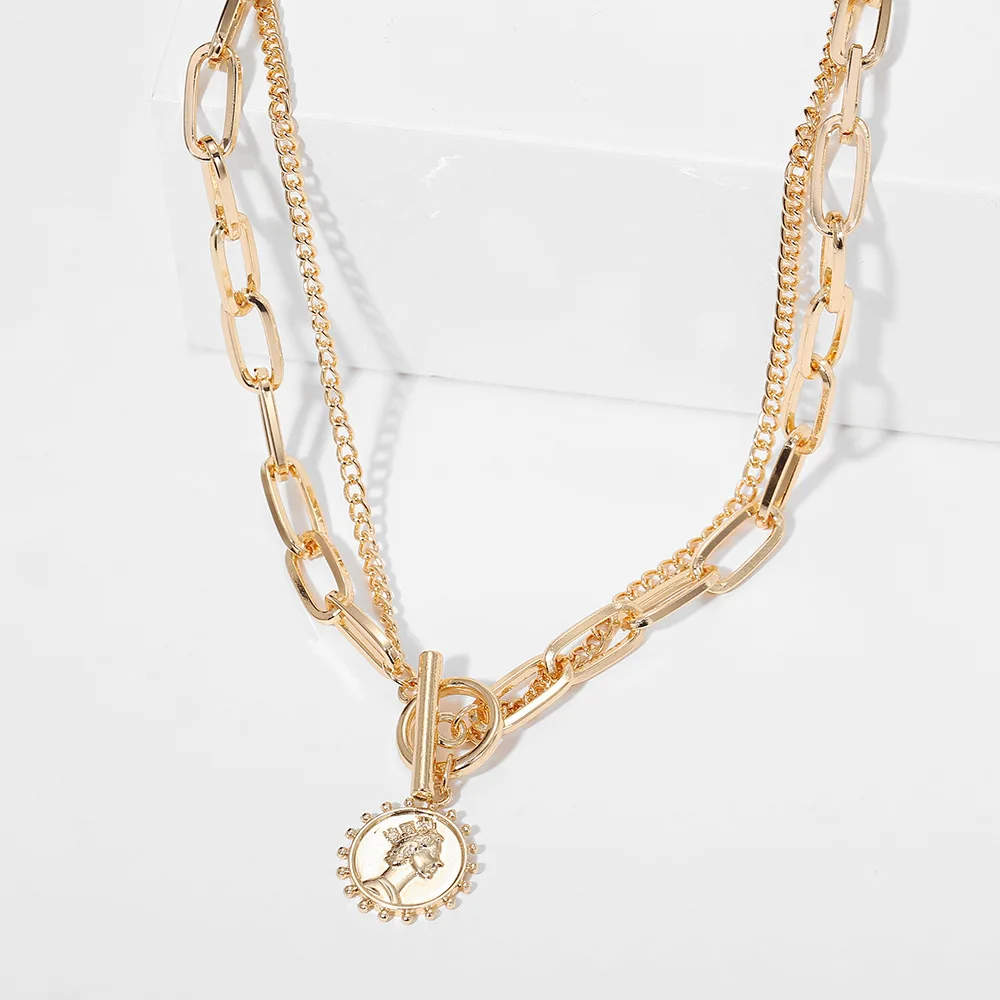 

Bohemian Punk Metal Vintage Engraved Coin Thick Chain OT Buckle Necklace Metal Coin Collar Necklace Women Punk Jewelry Gift 2021