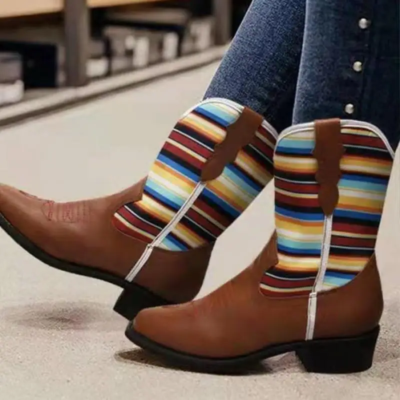 2021new Splicing Riding Boots Fashion Calf Mid-tube Boots Platform Wedges Ethnic Style Short Boots Casual Winter Women Shoes