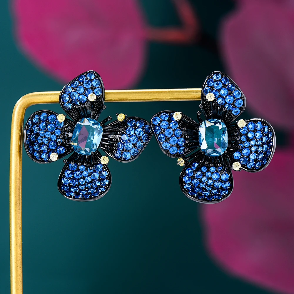 

Siscathy New Fashion Micro Zircon Blue Flower Stud Earrings For Women Sweet Elegant Crystal Earring Party Jewelry Accessories