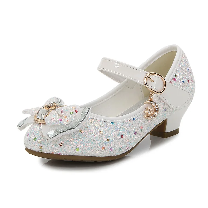 

New girls' small high heeled shoes with Sequin upper and bowknot decoration in autumn 2021