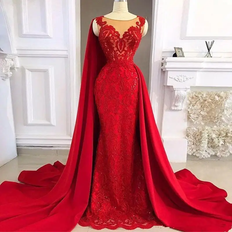 

Дизайнерское красное платье-Русалка для выпускного вечера, вечернее платье с драгоценным вырезом, официальное платье со съемным шлейфом, ц...