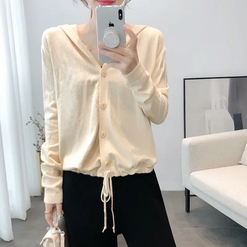 Женский вязаный кардиган с капюшоном весна-осень 2020 однотонный свободный