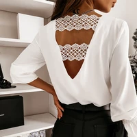 summer white women backless t shirts tops lace hollow out long sleeve v neck sexy cut out back tee tops elegant solid shirts