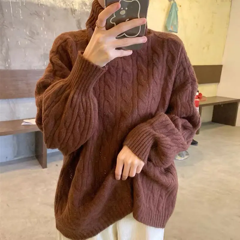 

Lazy wind gentle loose simple pure color pullover all-match high neck knitted sweater plus velvet thick thick warm sweater