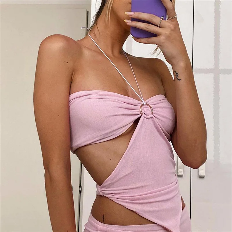 

DISEYAR Solid Halter Crop Tops Women Bandage Hole Sexy Backless Tanks Vest Skinny Party Clubwear Female Hot Outwear Outfits