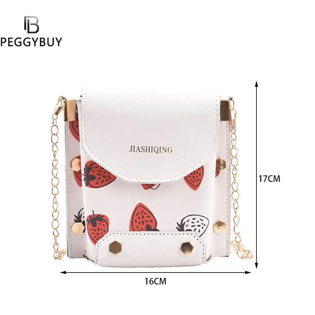 

Fashion Women PU Leather Strawberry Printing Shoulder Messenger Crossbody Bag Ladies Vintage Chain Small Flap Handbag Tote