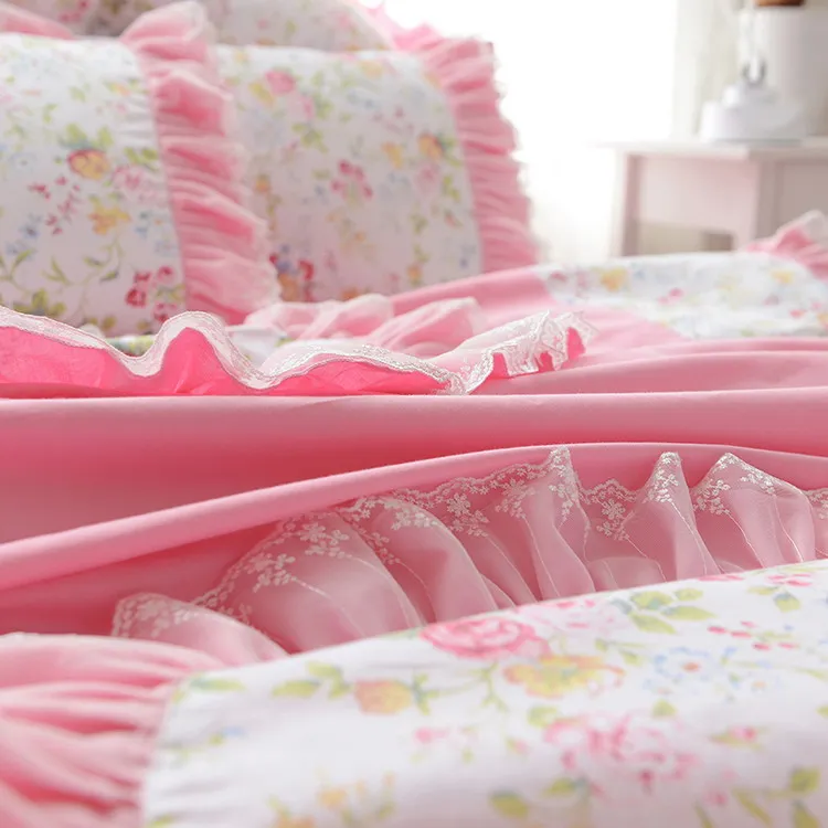 

Pastoral Lace Princess Duvet Cover Bed Skirt Pillowcases 4/6/8pcs Pink Flower Ruffle Bedding Sets Cotton Bedroom Home Textile