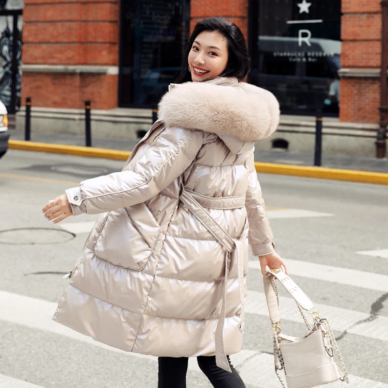 Fitaylor Winter Large Real Fur Collar Hooded Feather Long Jacket Women with Belt Slim Down Coat Bright Surface Fit Thick Outwear | Женская