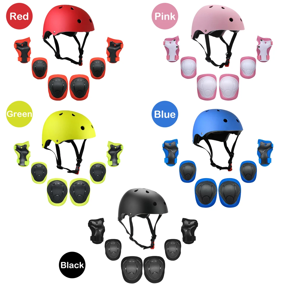 

Kids 7 in 1 Helmet and Pads Set Adjustable Kids Knee Pads Elbow Pads Wrist Guards for Scooter Skateboard Roller Skating Cycling
