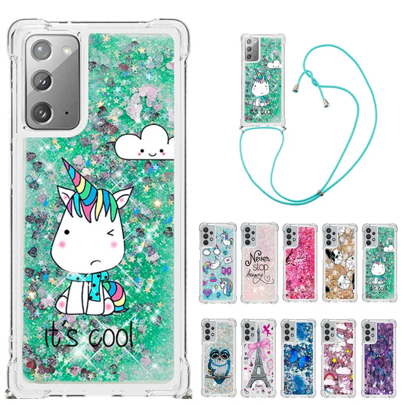 

Strap Lanyard Cartoon Phone Case For Samsung Galaxy Note 10 20 Ultra S10 Lite M60S M80S A81 A91 TPU Glitter Liquid Back Cover