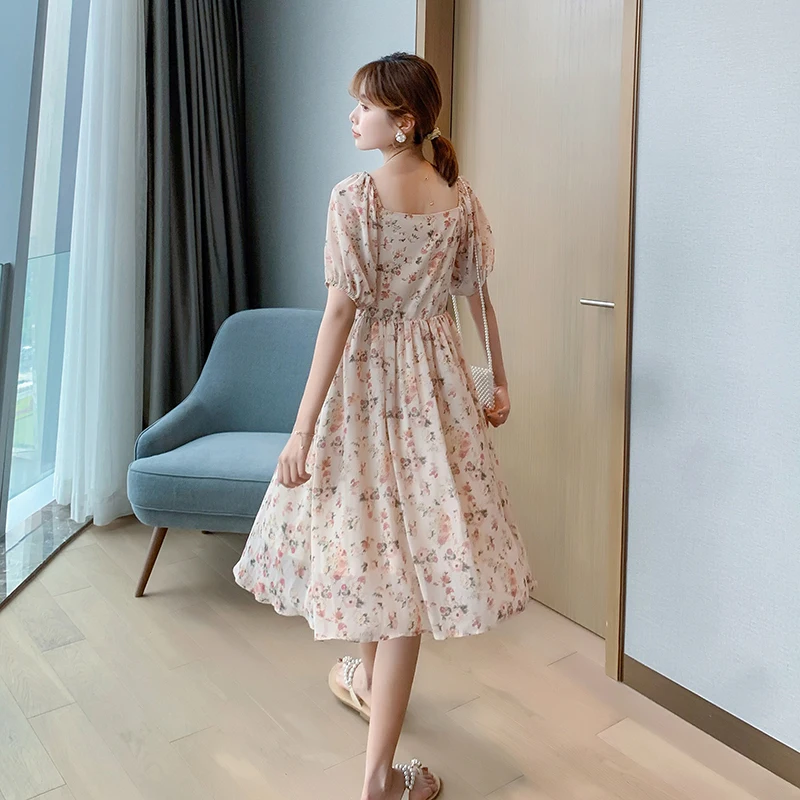 Шифоновое платье с коротким рукавом и цветочным принтом для девушек милое летнее